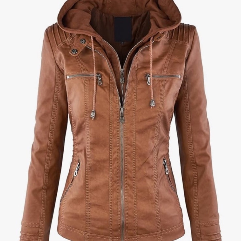 Camel Tan Faux Leather Hooded Moto Jacket for Women Size XS